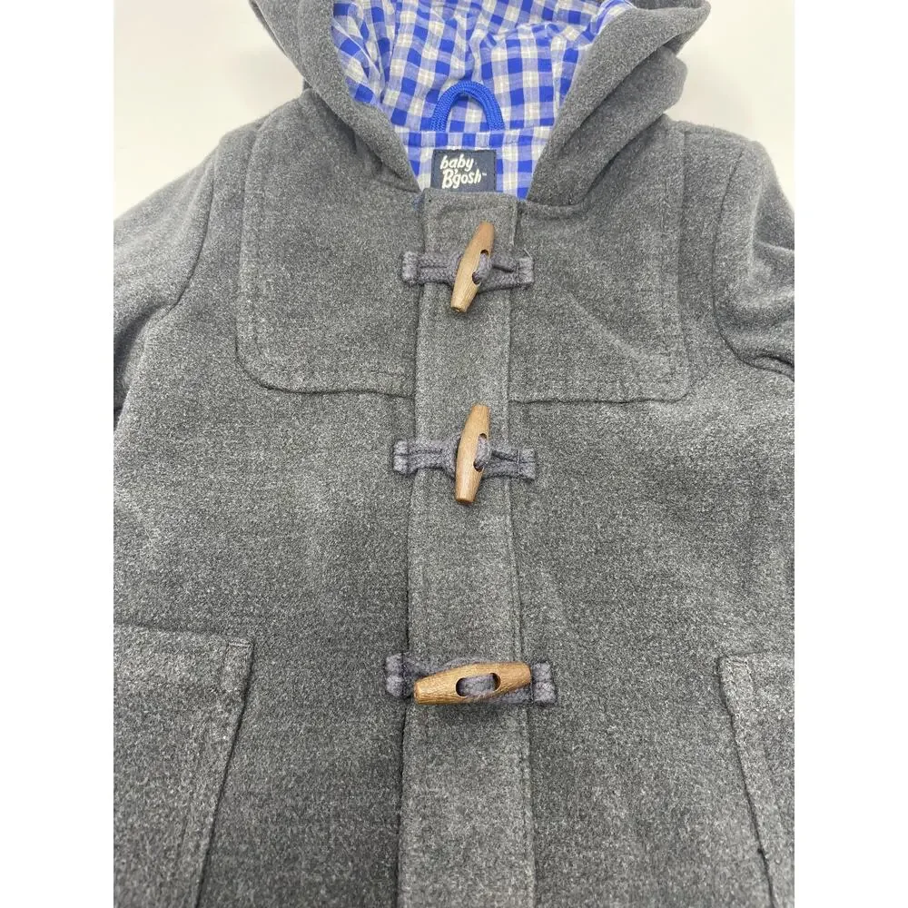 Baby B'gosh Duffle Coat Boys 18-24 Months Gray Hooded Gingham Toggle Pockets